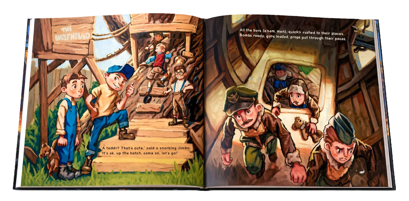 An open spread from The Bomber Boys: the crew scrambling up into their treehouse bomber