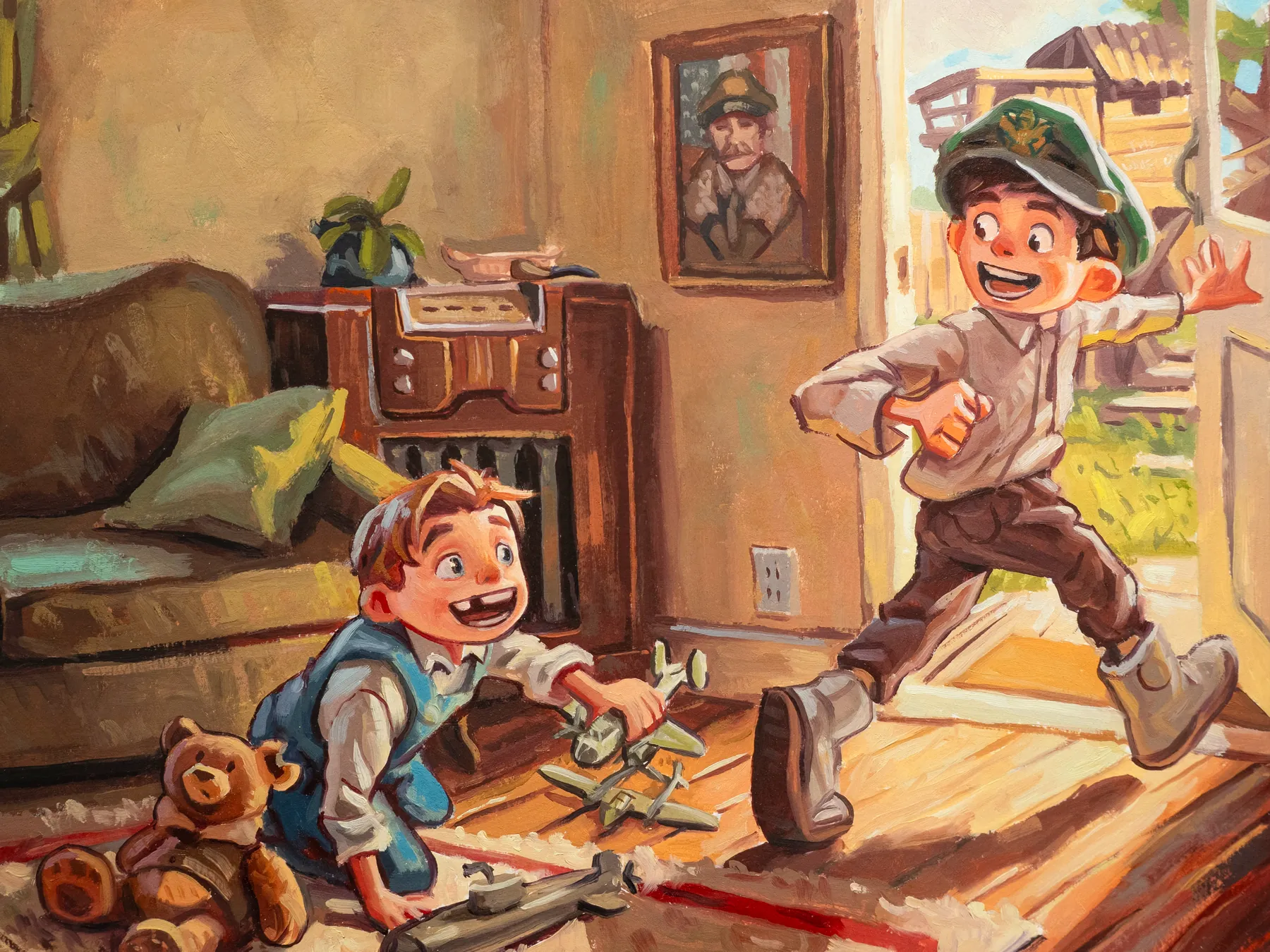 Painting: one boy bursting in through the door to fetch another from the living room floor