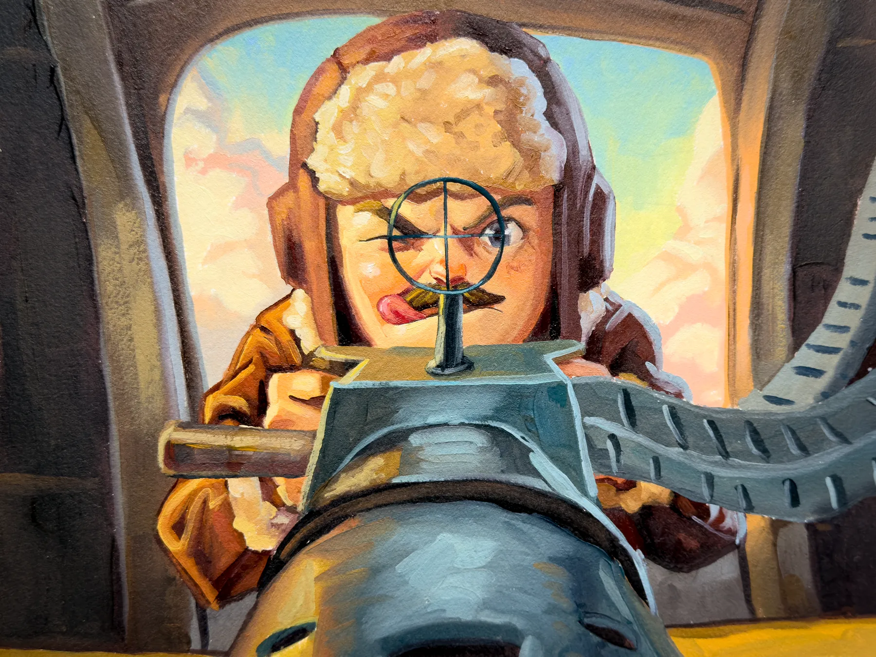 Painting: a bomber boy sighting down the barrel of his gun
