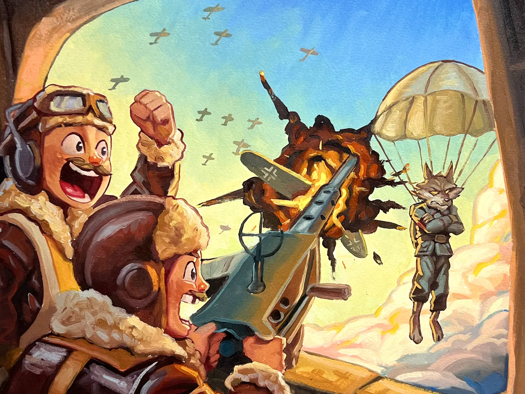 Painting: the boys cheering from the waist gun as an enemy fighter goes down
