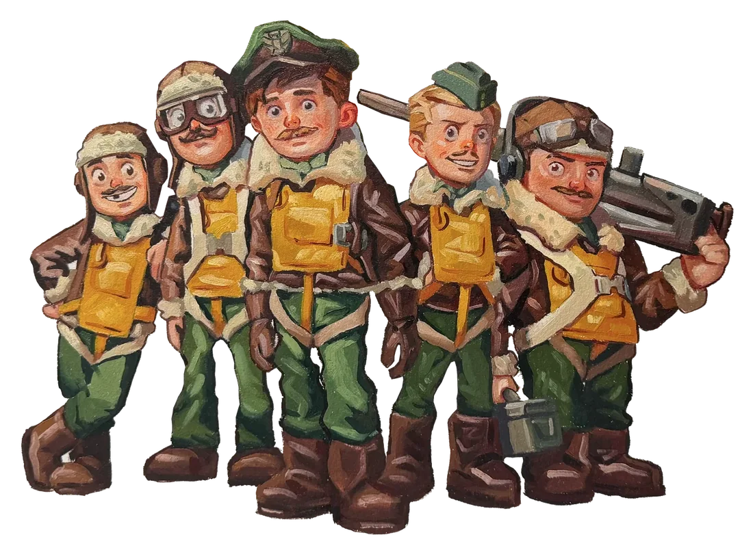 The five bomber boys in flight jackets and life vests, lined up together